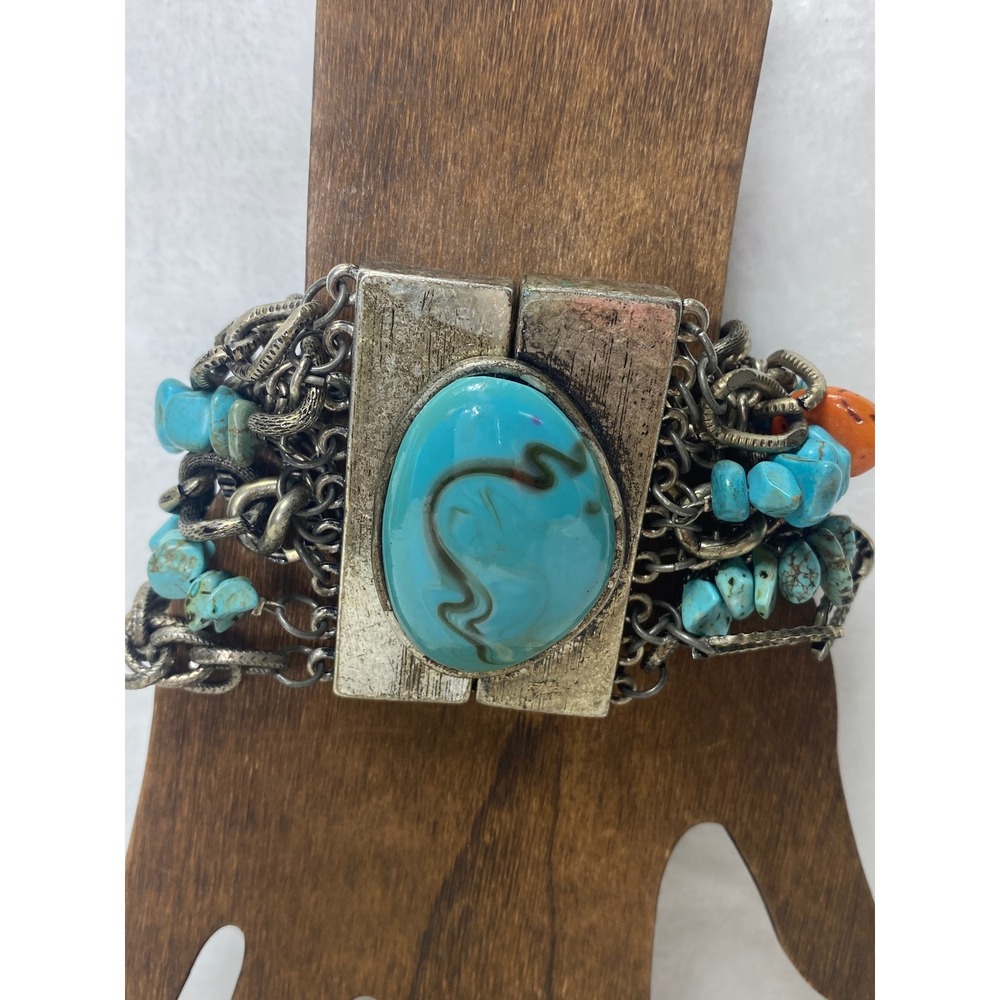Multicolored Turquoise Stone Bracelet‎ Silver Tone Chain Boho Statement